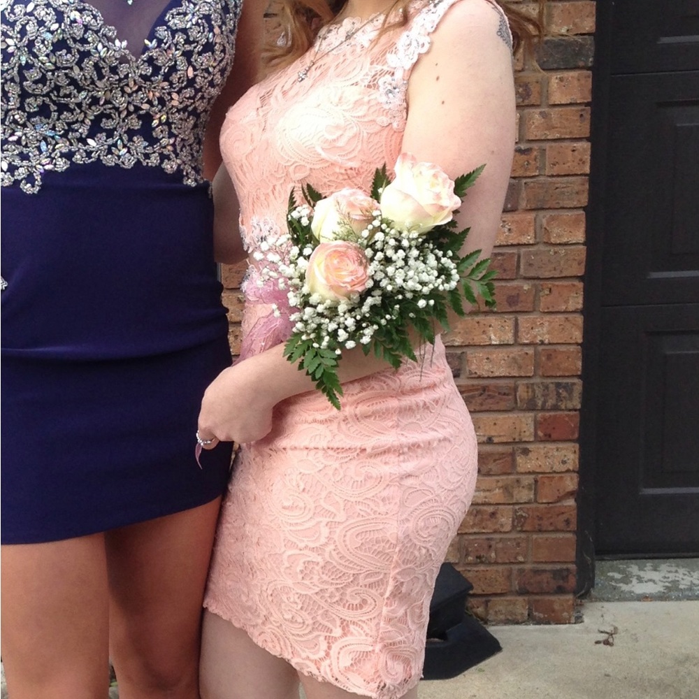 Pastel Pink Lace Semi Formal Party Dress